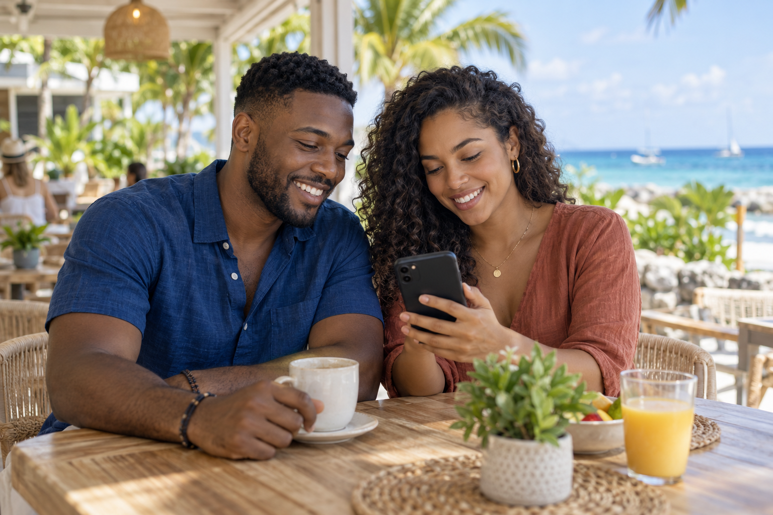 Illustration of two friends sharing a moment over a phone at a coastal café