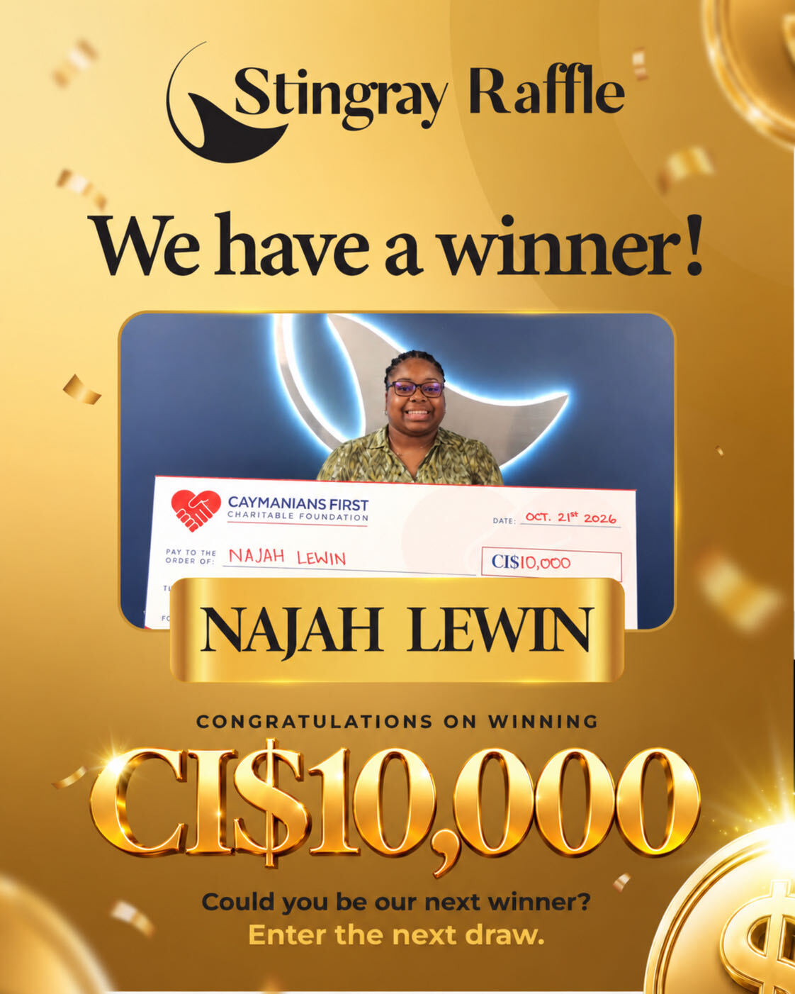 Stingray Raffle winner Najah Lewin holding a CI$10,000 cheque dated 21 October 2026. The supplied announcement congratulates Najah on winning CI$10,000.